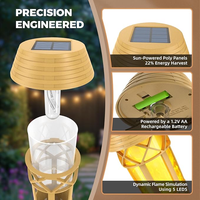 Flickering Flames Solar Powered Lights - Upgraded Solar Torches Waterproof Outdoor Decorative Lighting Auto On/Off, Handmade Bamboo Finish (Yellow-8pack-new)