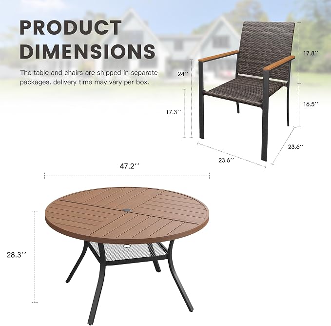 Round Patio Dining Set for 6, Outdoor Furniture Set of 47.2" Round Metal Table with Umbrella Hole and Stackable Wicker Patio Chairs for Backyard Lawn Garden, Walnut Chairs, Walnut Table