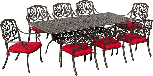 MAGIC UNION 9 Pieces Outdoor Dining Set, Cast Aluminum Retro Patio Dining Set Includes 87" Rectangular Dining Table with Umbrella Hole and 8 Stackable Dining Chairs with Cushions (Red)