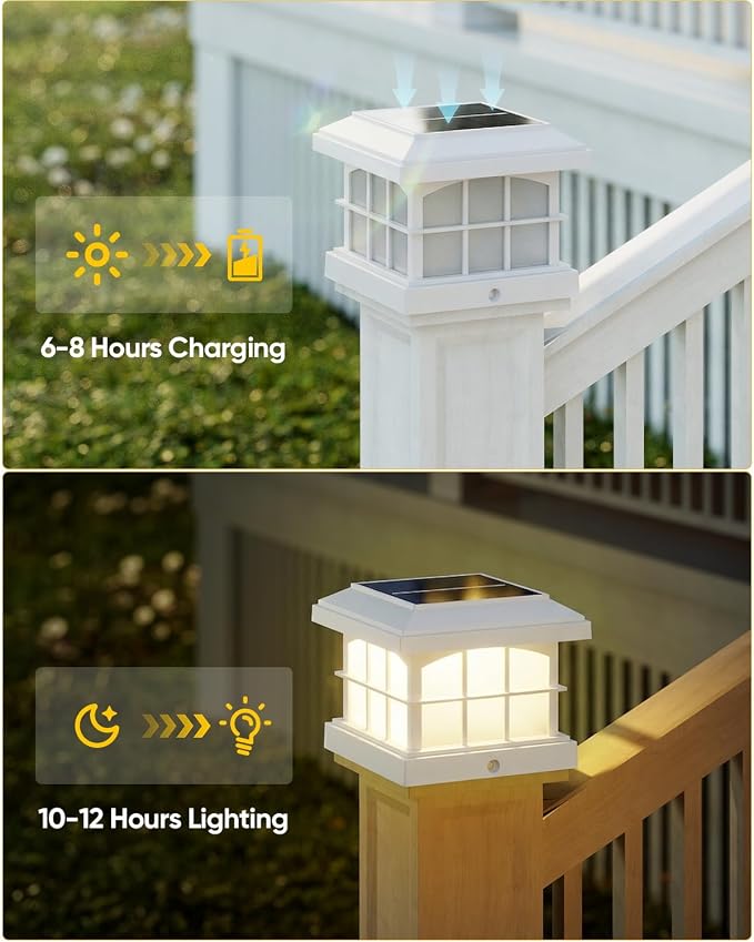 RGBCW Solar Post Cap Lights 12-Pack, 9 Colors 3 Modes Fence Cap Lights, Bright Solar Outdoor Waterproof LED Deck Lighting for Fence Garden Deck Patio Porch Decor 4x4 Vinyl/Wood, White