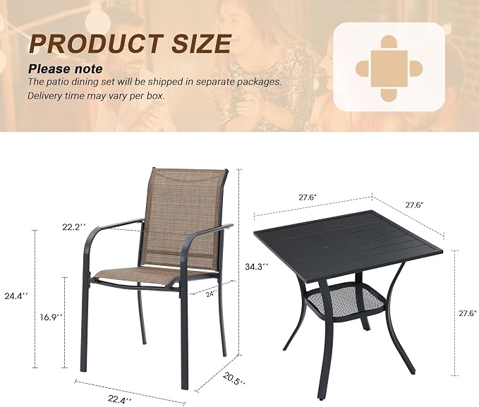 VICLLAX 3 Pieces Patio Outdoor Dining Set, 28" Square Metal Table and 2 Stackable Textilene Chairs for Patio, Lawn, Garden, Porch, Black/Brown