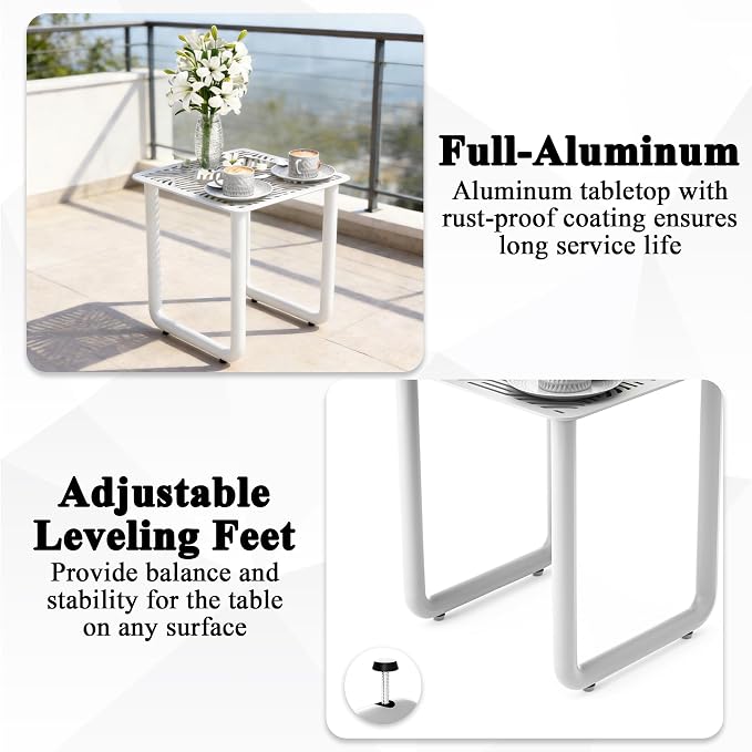 18" Aluminum Outdoor Side Table with U-Shaped Legs, Square Patio End Table with Wave Pattern Slatted Top, Rust-Resistant Modern Coffee Table for Balcony and Poolside, White