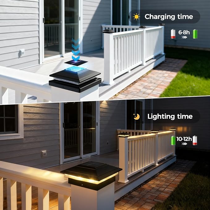 Solar Post Cap Lights Outdoor 6pack, Waterproof Fence Post Lights for 4x4 5x5 6x6 Wood/Vinyl Posts, Black Solar Deck Post Lights with 8 Color Modes Decorate Garden Patio Porch Backyard