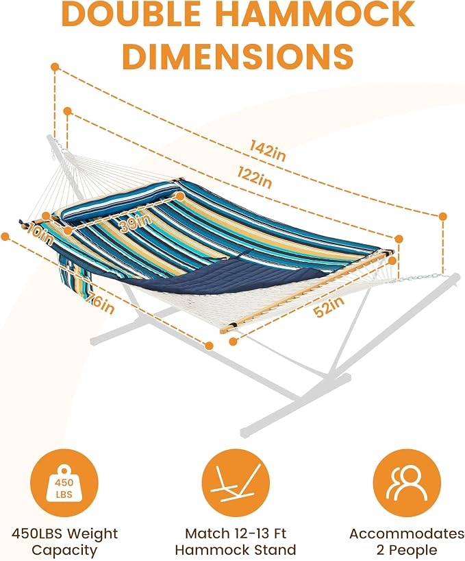 Lazy Daze Hammocks Rope Hammock with Pad, Spreader Bar, Carabiners, Tree Straps, Chains for Outside Patio- Max 450 Lbs, Beach