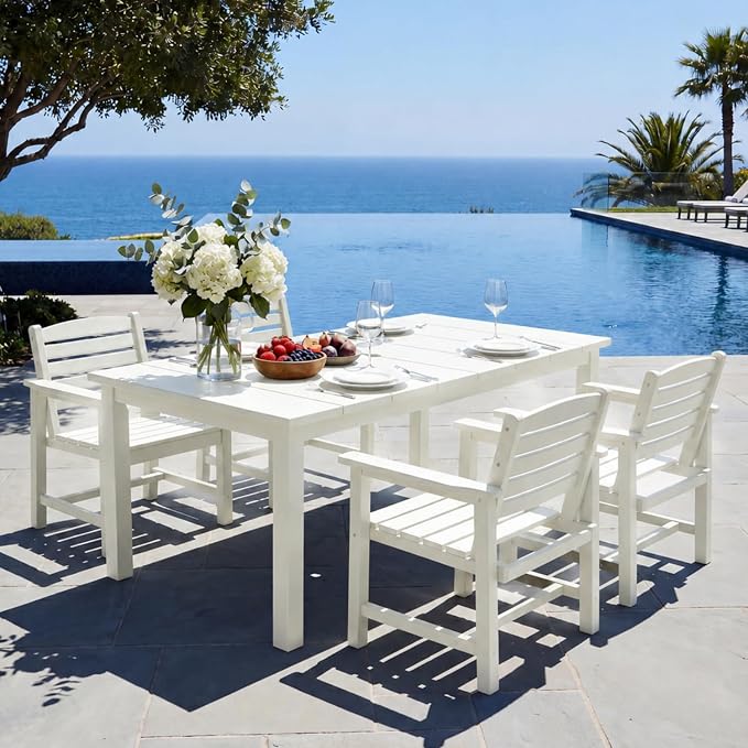 5-Piece Outdoor Dining Set with 75.2" Table for 4,White | HDPE material, umbrella hole design, weather-resistant furniture, perfect for garden, lawn, poolside, yard, balcony, deck