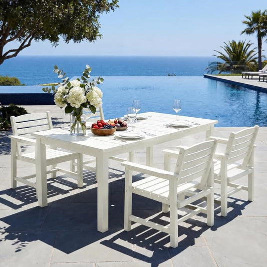 5-Piece Outdoor Dining Set with 75.2" Table for 4,White | HDPE material, umbrella hole design, weather-resistant furniture, perfect for garden, lawn, poolside, yard, balcony, deck