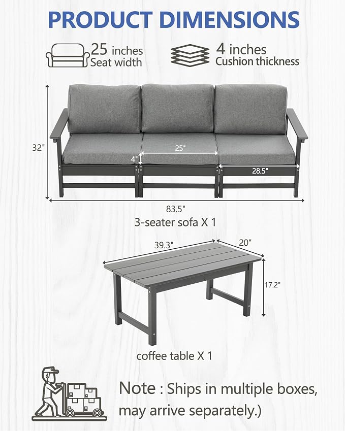 HDPE Outdoor Patio Furniture Set, 4-Piece Sofa Set with 3-Seat Couch & Coffee Table, Weatherproof Conversation Set with Cushions, All-Weather Waterproof, for Garden, Porch & Backyard