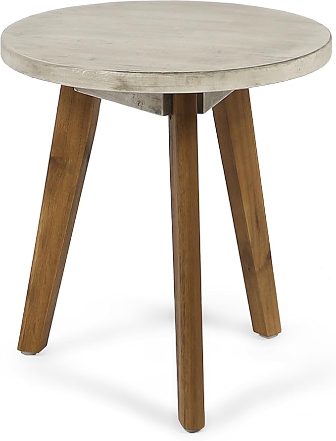 Great Deal Furniture GDFStudio Outdoor Side Table, Farmhouse-Style, Light Gray Acacia Wood Frame