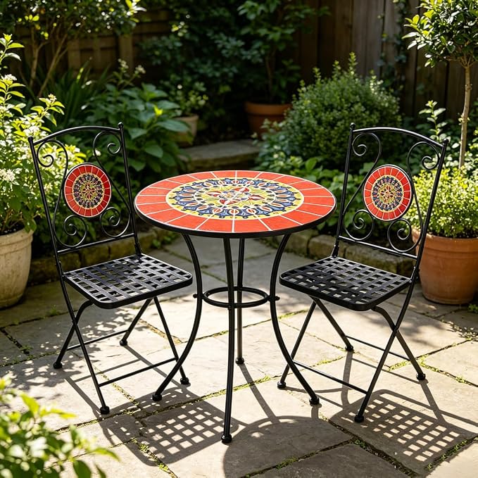 3 Piece Bistro Sets Mosaic Tile Round Table Folding Chairs Garden | Set of 3 Patio Furniture 23.6" Table and 2 Chairs Outdoor Bistro Chairs Artistic Table for Balcony Porch Apartment Backyard