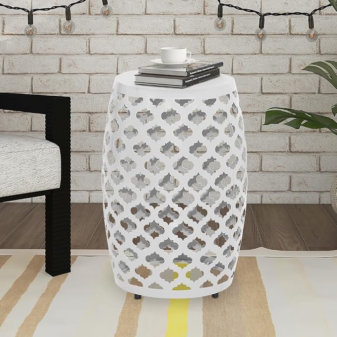 ABBLE Round Patio Outdoor Indoor Lace Cut Steel Side Table, Patio Garden Table, Coffee End Table Nightstand for Small Spaces,Living Room,Front Porch,Poolside, White