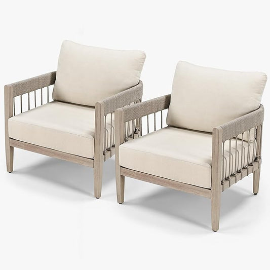 Patio Sofa Chairs Set of 2, Never-Rust Aluminum Outdoor Armchairs with Faux Wood Grain Finish, 2 Pieces Rope Weave Outdoor Sofa Chairs with Removable Cushions for Garden, Backyard, Deck
