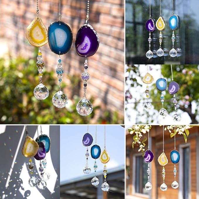 3 Pcs Crystal Ball Suncatcher with Agate Wind Chime Window Home Decor | Crystal Ball Suncatcher Wind Chime with Agate Slices Hanging Ornament Set of 3 for Window Garden Home Office Wedding Decor