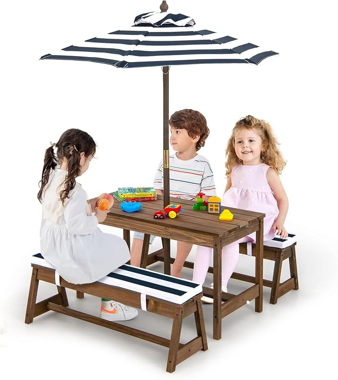 Olakids Kids Picnic Table, 2 in 1 Outdoor Toddler Wooden Table and Chair Set with Removable Cushions Height Adjustable Umbrella, Children Activity Furniture Bench for Patio Garden Backyard (Blue)