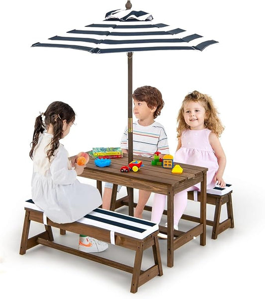Olakids Kids Picnic Table, 2 in 1 Outdoor Toddler Wooden Table and Chair Set with Removable Cushions Height Adjustable Umbrella, Children Activity Furniture Bench for Patio Garden Backyard (Blue)