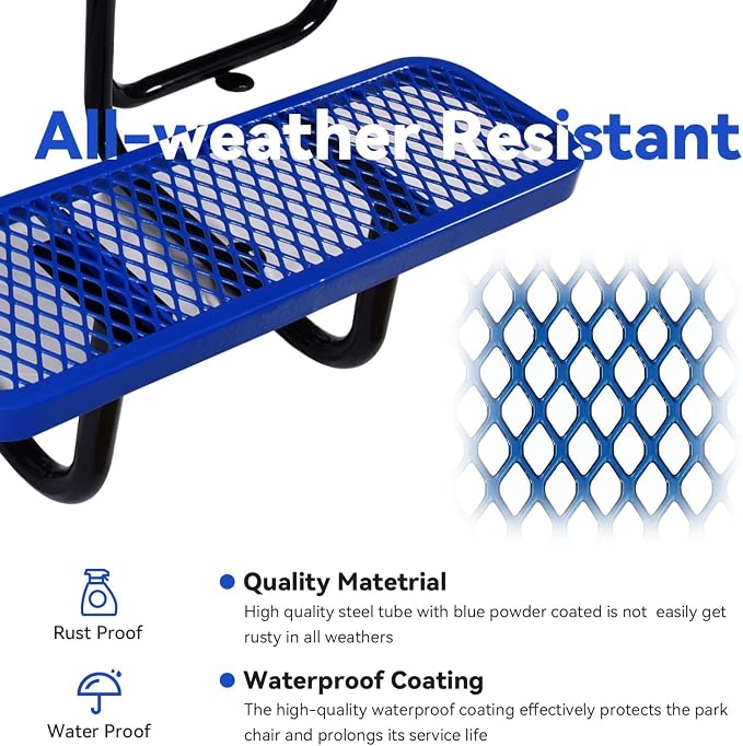 Heavy Duty Picnic Table for Outdoors 3200 lbs Load All Metal Camping Table with Umbrella Hole up to 1.5", Commercial Picnic Table with Benches for School, Coffee Shop, Blue