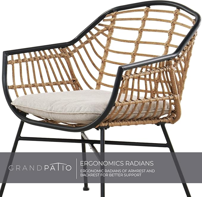 Grand patio Patio Furniture Set, Outdoor Wicker Patio Conversation Seating Chair with Cushions and Coffee Table, Boho Seating Chat Set for Indoor Outdoor, Balcony, Porch, Garden, Deck