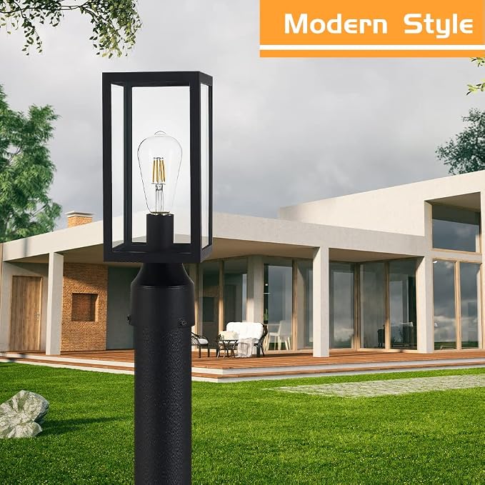 Windben Outdoor Post Light, Waterproof, 13.8in, Matte Black | Cast Aluminum Anti-Rust, Tempered Glass Panels, Comes with Pier Mount Base, For Garden, Yard, Driveway