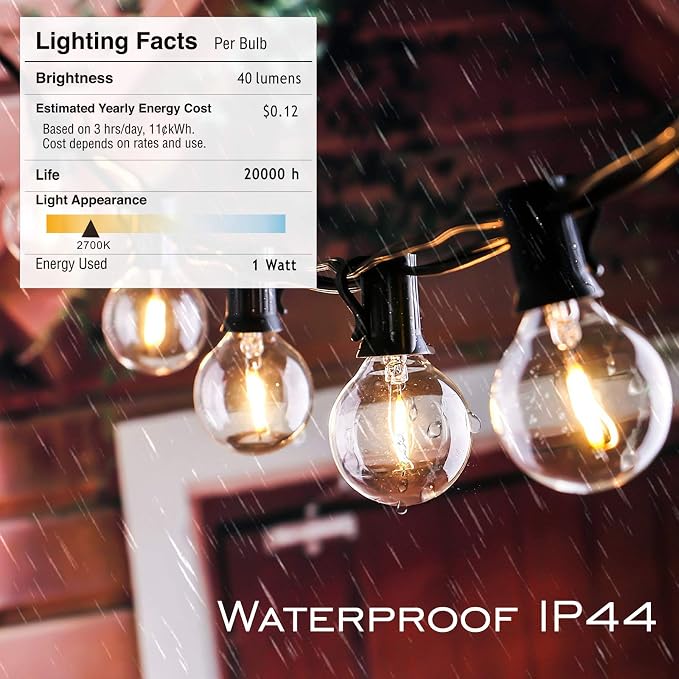 Outdoor String Lights Waterproof 50FT Patio Lighting for Backyard Bistro | 50FT Connectable Outdoor Lights,27 Plastic Dimmable Globe Bulbs for Backyard Bistro Porch Garden Gazebo Balcony Deck Cafe
