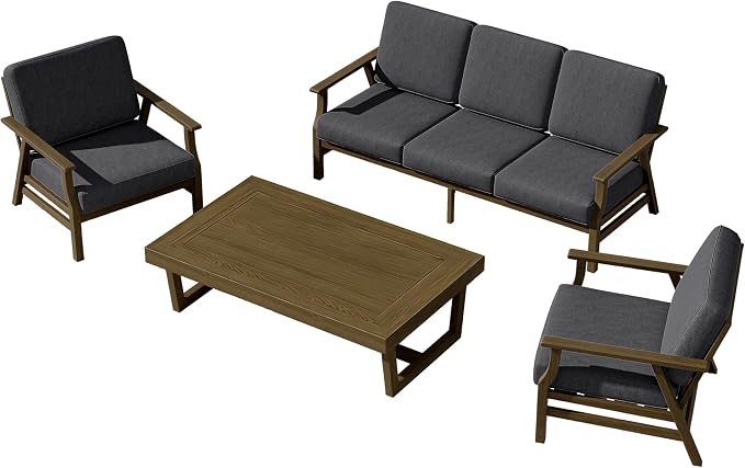 4 Pieces Patio Furniture Sets, Teak Wood Outdoor Sectional Furniture with Coffee Table, 5 Seats Patio Sofa Couch Conversation Set for Backyard Deck - Dark Gray
