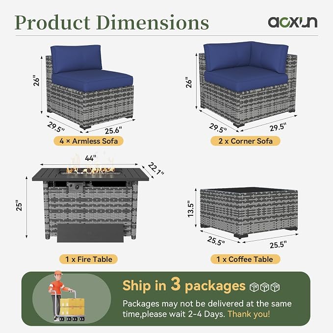Aoxun 8 Piece Patio Furniture Set with 44” Fire Pit Table Paito Conversation Set Wicker Rattan Outdoor Sectional Sofa Set with Thickened Cushions (Grey/Blue)