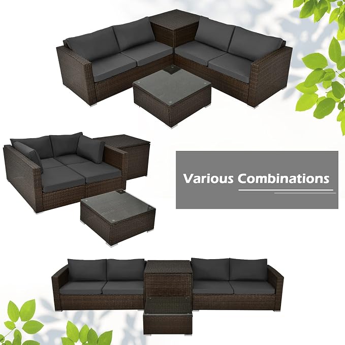 Tangkula 4-Piece Patio PE Wicker Furniture Set, Patiojoy Outdoor Sectional Sofa Set with Storage Box and Tempered Glass Tabletop, All-Weather PE Rattan Conversation Set with Removable Cushions (Grey)