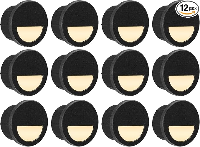12 Pack Recessed Low Voltage LED Step Riser Light, Diameter 1" Mini Size Landscape Lighting for Outdoor Deck Stair Railing Post, 12V 3000K, Die-cast Aluminum, Black Powder Coated, UL-Listed