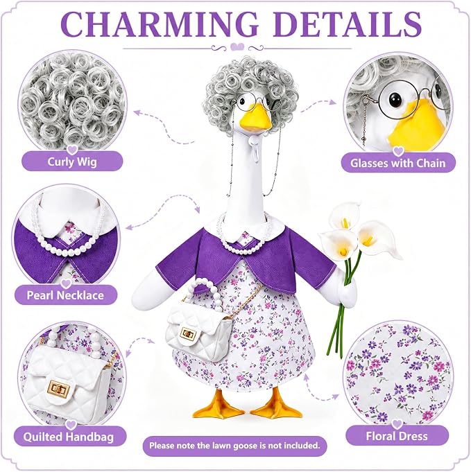 Celltestria Old Lady Goose Outfits Grandma Goose Costume Purple Lily Geese Clothes with Wig Glasses Necklace Bag for 23'' Geese Holiday Outdoor Lawn Patio Yard Garden Decor