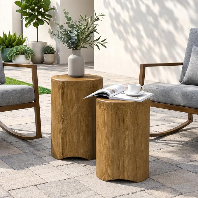 SUNBURY Concrete Side Table Set of 2, Outdoor Side Table Nesting for Patio, Outdoor Accent Table Patio End Table in Woodgrain, Ceramic for Balcony, Courtyard, Round, Light Brown