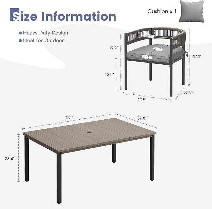 VICLLAX Patio Dining Set, 63" Grey Table & 6 Chairs with Grey Cushion | Outdoor Table and Chairs Set of Rectangular Metal Patio Table, Outdoor Dining Chairs with Metal Frame, Garden Deck Porch