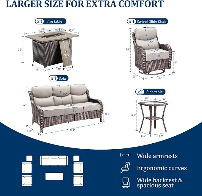 Luxury Swivel Rocker Chairs Fire Pit Set with 6" Thick Cushion 8 piece Wicker Outdoor Patio Chair with Sofa and Side Table,Comfortable High Back Outdoor Patio Furniture Set - Brown | Beige