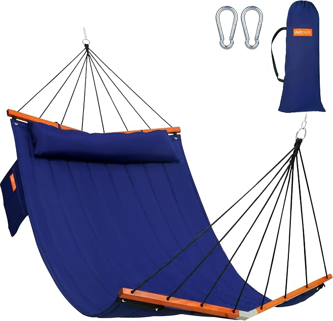 Lazy Daze Hammocks 12FT Quilted Double Hammock with V-Spreader Bar, 2 Person Portable Hammock with Nylon Rope, Side Pocket and Pillow, 450lbs Capacity, Includes Carry Bag for Outside, Navy Blue
