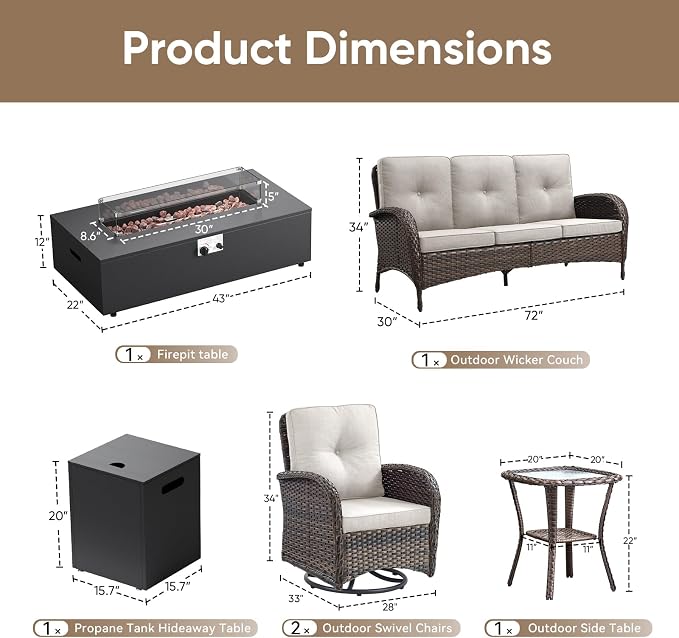 HUMMUH Luxury Patio Furniture Set with High Back Swivel Rocker Chairs & 3 Seater-Couch & Steel Fire Pit Table 5 Pieces Outdoor Conversation Set for Porch,Deck,Backyard