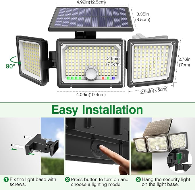 Solar Outdoor Lights Motion Sensor, 2500LM 286 LED Security Flood Lights with Visual Battery & Mode Display, 3 Lighting Modes, IP65 Waterproof 3-Head Wide Angle for Garage, Yard, Patio (2 Pack)