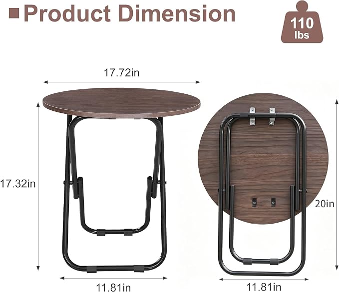 VECELO Patio Outdoor Side Table Set of 2,17.7 inch Small Folding Table Round Waterproof Wood Table,Foldable Anti-Rust Metal Legs Snack Desk for Garden Balcony,Yard,Living Room