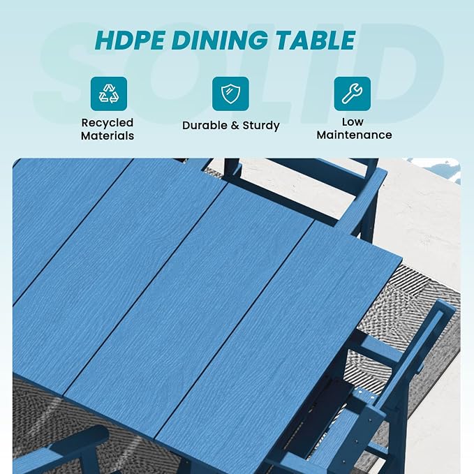 LOUNZY 75.2" HDPE Rectangle Outdoor Dining Table for 8, Oversized Patio Dining Table w/ 2" Umbrella Hole,Navy