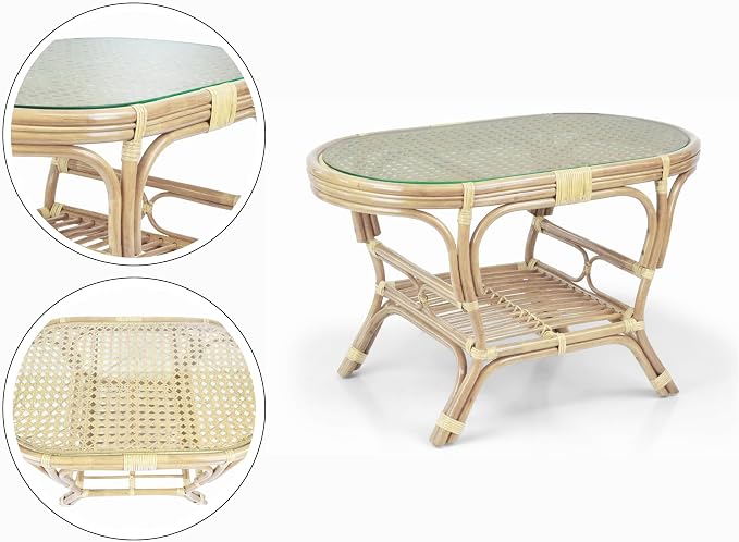 Malibu Lounge Set of 4: 2 Natural Rattan Wicker Chairs, Three-Seater Sofa with Cushions and Coffee Table with Glass Handmade, Natural (Cream Cushions)