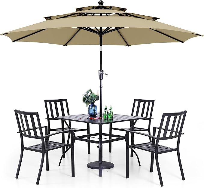 PHI VILLA 5 Pcs Outdoor Dining Set with 10ft Umbrella | 37" Square Metal Dining Table & 4 Stacking Metal Chair with 3 Tier Red Umbrella for Patio, Deck, Yard, Porch