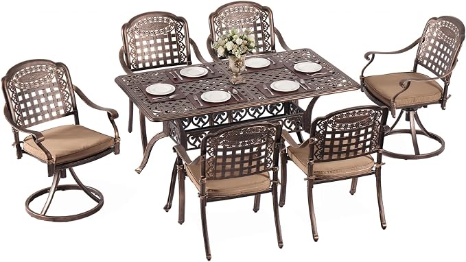 Redlife 7-Piece Cast Aluminum Outdoor Dining Set, 59" Rectangular Patio Table with Umbrella Hole, 2 Swivel Rocker Chairs & 4 Stackable Chairs with Cushions, Lattice Backrest