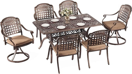 Redlife 7-Piece Cast Aluminum Outdoor Dining Set, 59" Rectangular Patio Table with Umbrella Hole, 2 Swivel Rocker Chairs & 4 Stackable Chairs with Cushions, Lattice Backrest