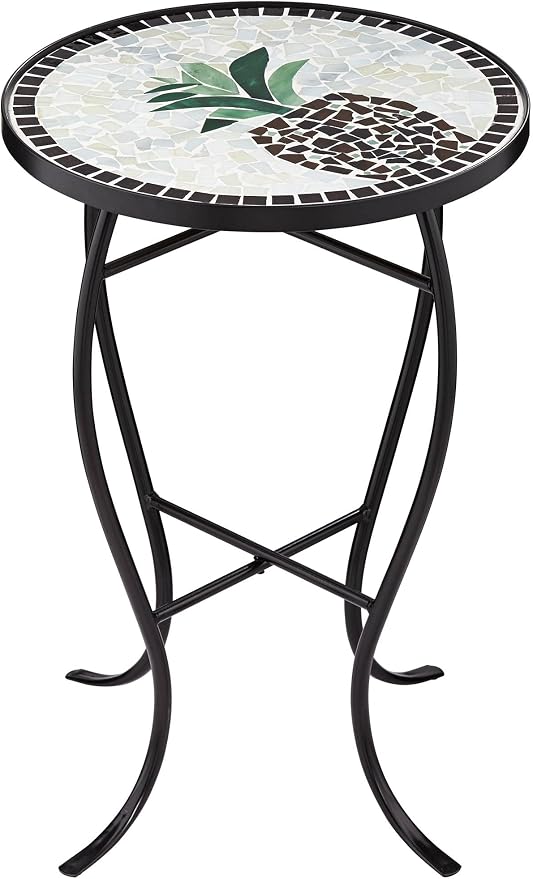 Teal Island Designs Pineapple Modern Black Metal Round Outdoor Accent Side Tables 14" Wide Set of 2 Beige Mosaic Tile Tabletop Gracefully Curved Legs for Spaces Porch Patio Home House Balcony Deck