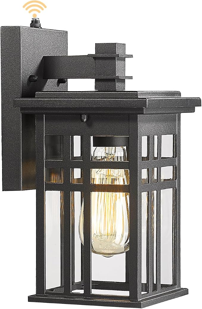 Dusk to Dawn Sensor Outdoor Wall Sconce Lantern, HWH Exterior Wall Mounted Lamp Porch Light Fixture with Clear Glass Shade, Matte Black Finish for Garage Doorway Garden, 5HD27B-PC BK