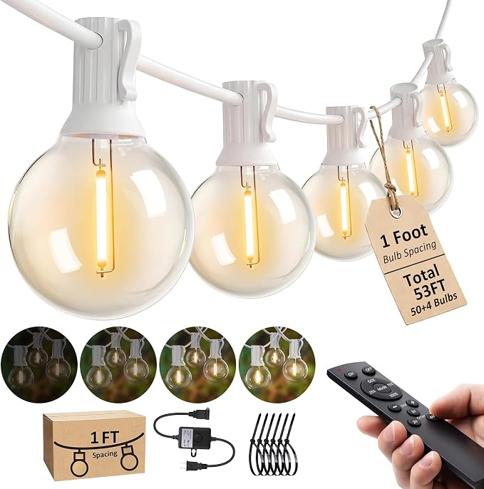 Outdoor-String-Lights with Remote 53FT Waterproof lights for Outside Patio | 12 inch Bulbs Apart,White Cord String Lights,Connectable Dimmable Patio Lights with Remote,Timer,3 Modes for Backyard, Bistro
