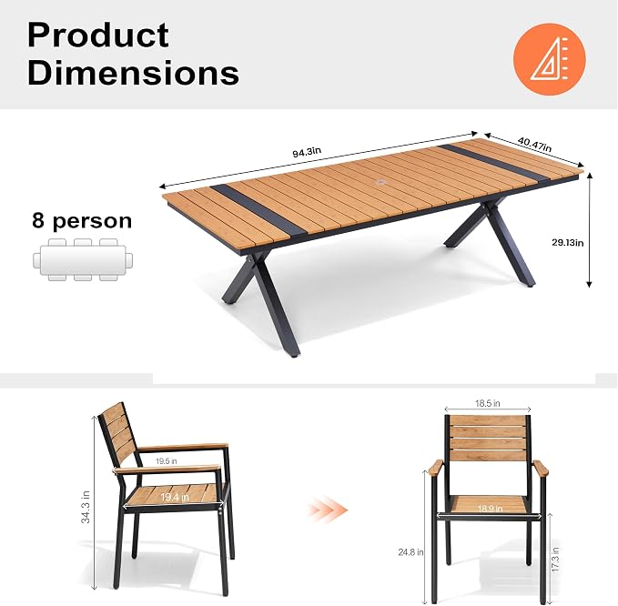 Pellebant 9 Piece Patio Table and Chairs Set, Aluminum Outdoor Dining Set with Umbrella Hole, 94" Dining Table & Stackable Chairs, Weather Resistant Teak Wood Grain Finish for Deck, Porch, Backyard
