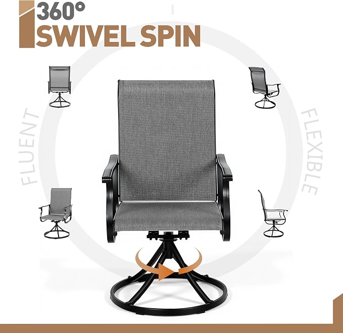 Crownland Outdoor Swivel Dining Chair Set of 6, All Weather 360° Swivel Rocking High Back Model Patio Dining Chairs, Textilene Fabric Wrought Iron Dining Chair Set for Backyard, Lawn, Garden(Grey)