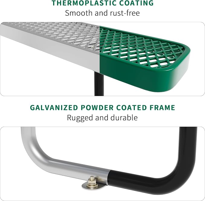 4FT Rectangular Metal Picnic Table for Outdoors, Commercial Steel Metal Picnic Tables, Heavy Duty Sturdy Picnic Tables Furniture Set for Patio Garden Courtyard BBQ, With Umbrella Hole, Green