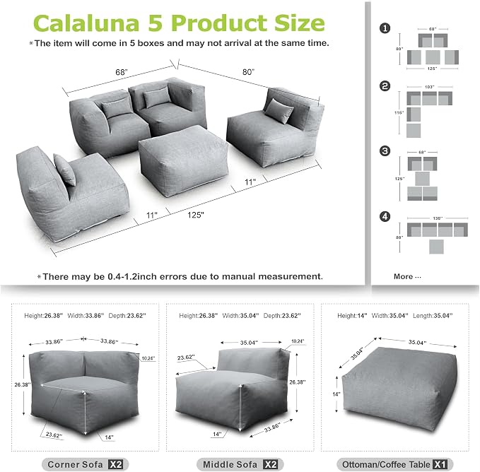 Dineli ANNYH Calaluna 5Pc Outdoor Furniture Sectional Conversation Set Combines 2Middle 2Corner Expansion Foam Filled Chairs,1Ottoman - A Unique Modular Contemporary Sofa (Dark Gray)