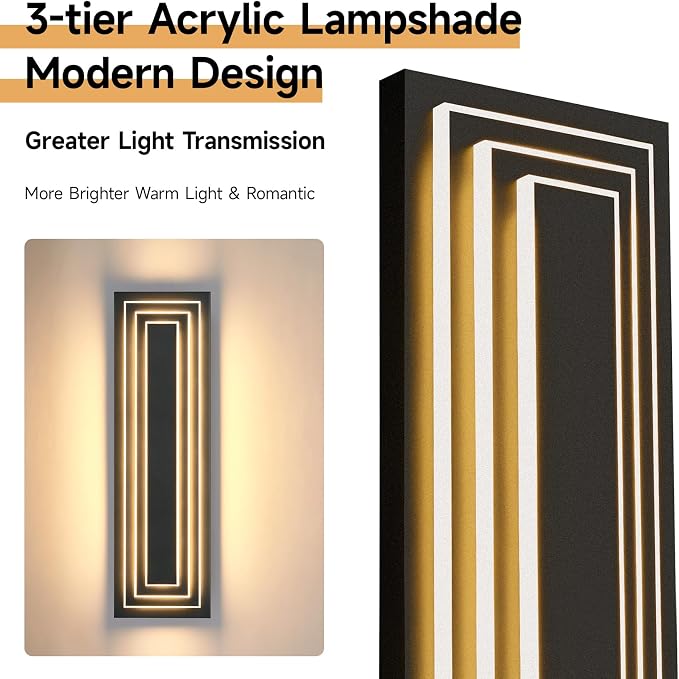 Outdoor Wall Lights,3-ier Large Exterior Lighting Fixtures 23.6 in | Modern Outdoor Wall Sconce For Front Porch,Garage, Waterproof LED 3000K Warm White 36W Light Bead, 360° Angle,1 Pack