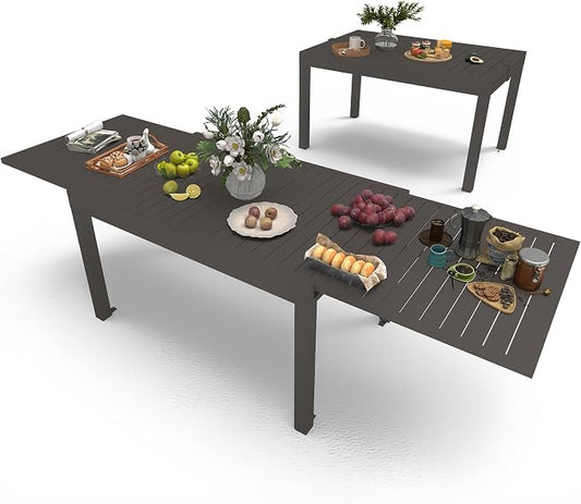 All Aluminum Expandable Patio Dining Table for 6-8 People, Extendable Outdoor Dining Room Table, All Weather Patio Furniture, Rectangular Metal Table with Adjustable Width 53"- 106", Dark Brown