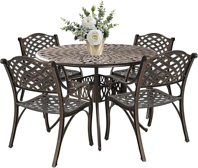 42" Cast Aluminum Outdoor Dining Table,Dining Conversation Side Table, Patio Bistro Table with 1.97" Umbrella Hole for Backyard, Garden, Patio, Porch