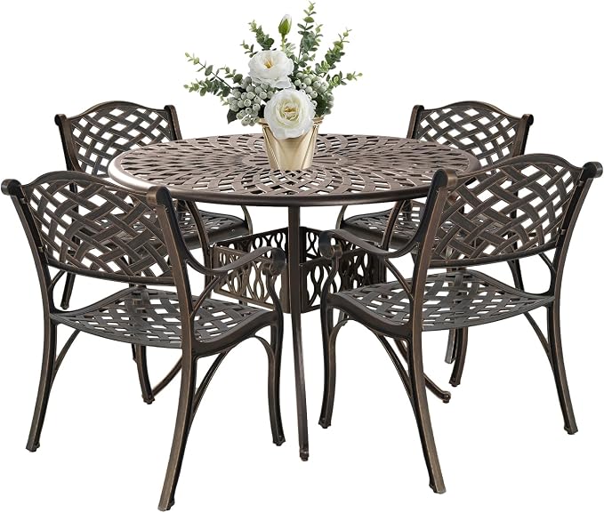 Patio Dinning Set Weather Resistant Cast Aluminum Patio Furniture Set with Umbrella Hole, Bistro Dining Set for Garden (42" x 42" Table D and 4 Chairs Bronze, 5 Pieces)
